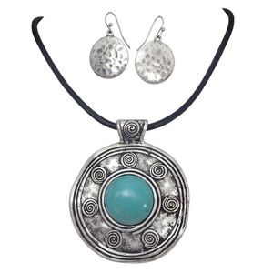 Turquoise Stone Dot Tribal Necklace Earrings Set